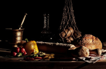 Картинка еда натюрморт перец картофель хлеб ступка