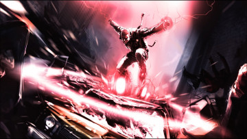 Картинка видео игры infamous капюшон бандиты молния машина разбита
