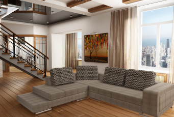 Картинка интерьер гостиная лесница диван