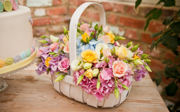 Картинка цветы букеты композиции гортензия корзинка розы