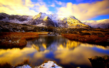 Картинка природа реки озера река горы трава облака небо отражение