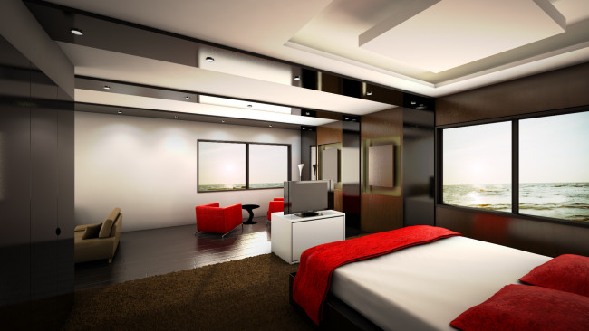Обои картинки фото 3д, графика, realism, реализм, 3d, интерьер, дизайн, стиль, комната, мебель, кровать, кресла, окно, океан