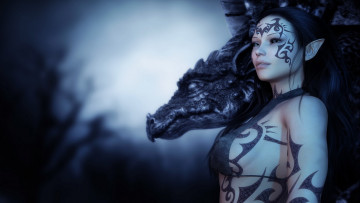 Картинка 3д+графика эльфы+ elves знаки взгляд дракон девушка татуировка