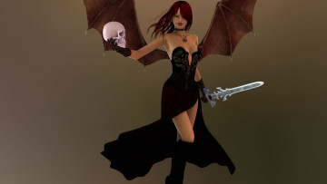 Картинка 3д+графика существа+ creatures меч череп демон фон взгляд девушка