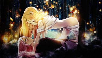 Картинка аниме guilty+crown цветок заколка туман свет yuzuriha inori ouma mana xxajisaixx xxajisai-graphicxx девушки лес бабочки деревья