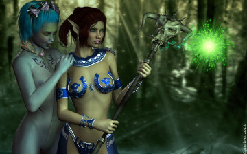 Картинка 3д+графика эльфы+ elves магия эльфийки взгляд шест фон