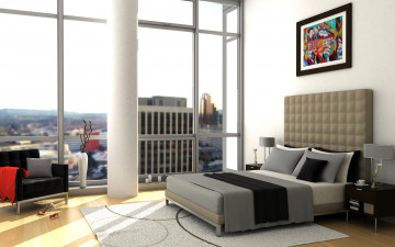 Картинка 3д+графика реализм+ realism спальня кровать подушка тумбочка окно картина