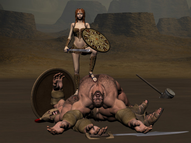 Обои картинки фото 3д графика, амазонки , amazon, девушка, взгляд, фон, рыжая, меч, молот, пустыня