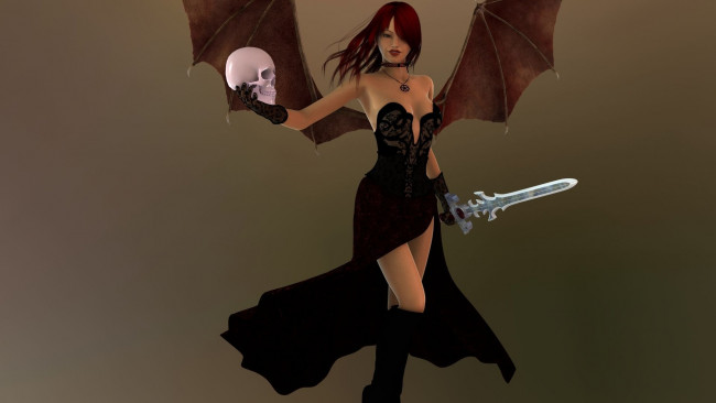 Обои картинки фото 3д графика, существа , creatures, меч, череп, демон, фон, взгляд, девушка