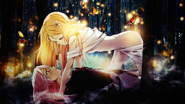 Обои картинки фото аниме, guilty crown, цветок, заколка, туман, свет, yuzuriha, inori, ouma, mana, xxajisaixx, xxajisai-graphicxx, девушки, лес, бабочки, деревья