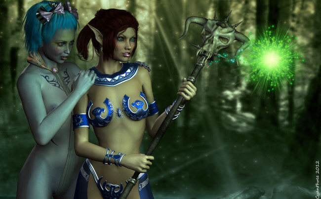 Обои картинки фото 3д графика, эльфы , elves, магия, эльфийки, взгляд, шест, фон