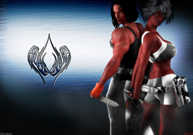 Обои картинки фото 3д графика, фантазия , fantasy, знак, оружие, фон, взгляд, девушки