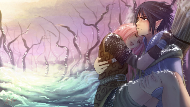 Обои картинки фото аниме, naruto, пара, саске, эльф, сакура