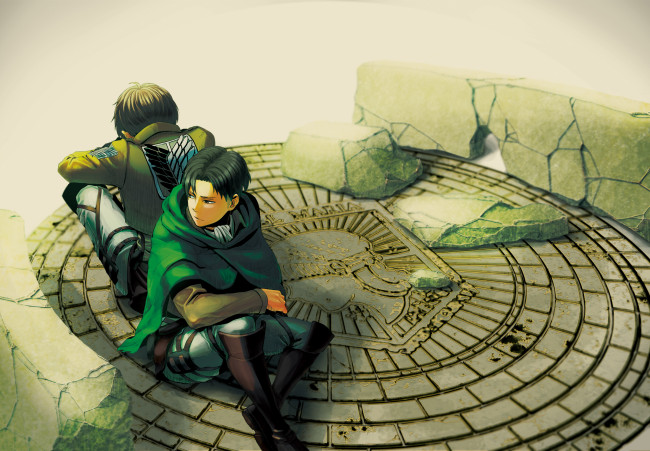 Обои картинки фото аниме, shingeki no kyojin, эрен, леви, парни, атака, титанов, фон, арт