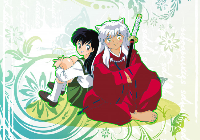 Обои картинки фото аниме, inuyasha, фон, арт, кагоме, инуяша