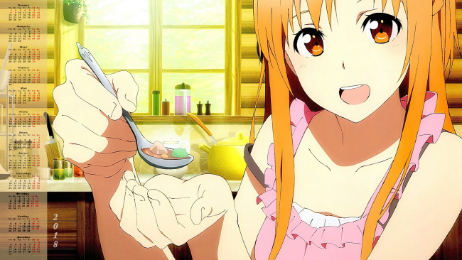 Обои картинки фото календари, аниме, девушка, 2018, ложка, посуда, лицо, взгляд