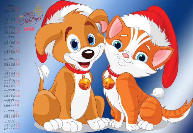 Обои картинки фото календари, праздники,  салюты, взгляд, кошка, шапка, собака, 2018