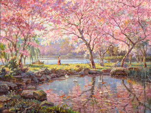 Картинка рисованное живопись пруд люди деревья фон