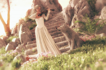 Картинка 3д+графика люди+и+животные+ people+and+animals волк игра фон скрипка платье девушка