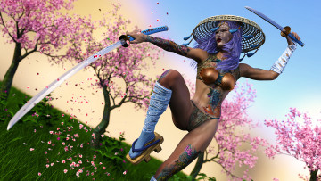 Картинка 3д+графика фантазия+ fantasy девушка поза тату катана фон