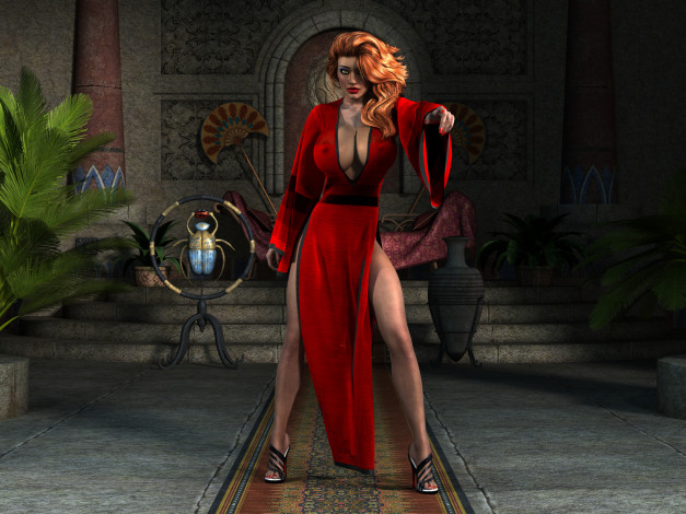 Обои картинки фото 3д графика, люди , people, жук, девушка, фон, взгляд, платье