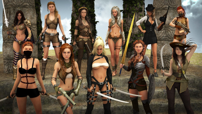 Обои картинки фото 3д графика, амазонки , amazon, фон, девушки, оружие, униформа, взгляд