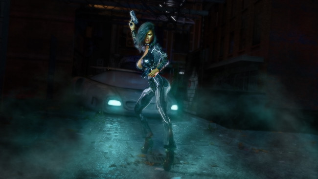 Обои картинки фото 3д графика, фантазия , fantasy, автомобиль, пистолет, униформа, фон, девушка