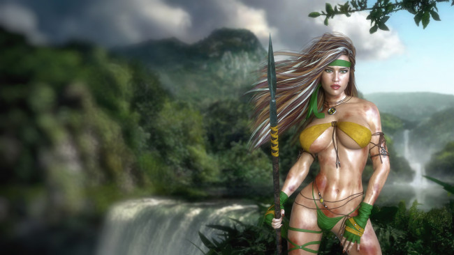 Обои картинки фото 3д графика, фантазия , fantasy, униформа, копьё, взгляд, фон, девушка