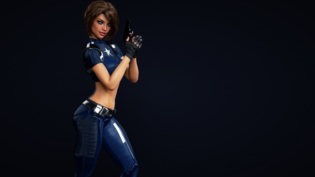 Обои картинки фото 3д графика, люди , people, пистолет, взгляд, униформа, фон, девушка