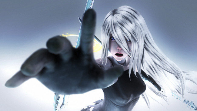 Обои картинки фото 3д графика, мультфильмы и в игры, катана, фон, взгляд, девушка
