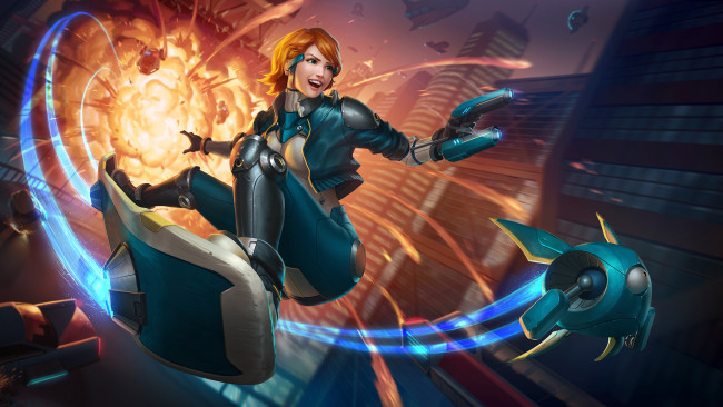 Обои картинки фото видео игры, league of legends, скейт, полет, униформа, улыбка, фон, девушка