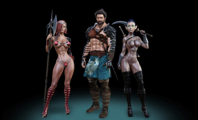 Обои картинки фото 3д графика, фантазия , fantasy, мужчина, оружие, униформа, взгляд, фон, девушки