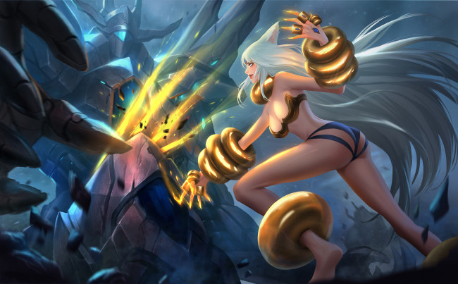 Обои картинки фото видео игры, league of legends, бой, ушки, фон, девушка