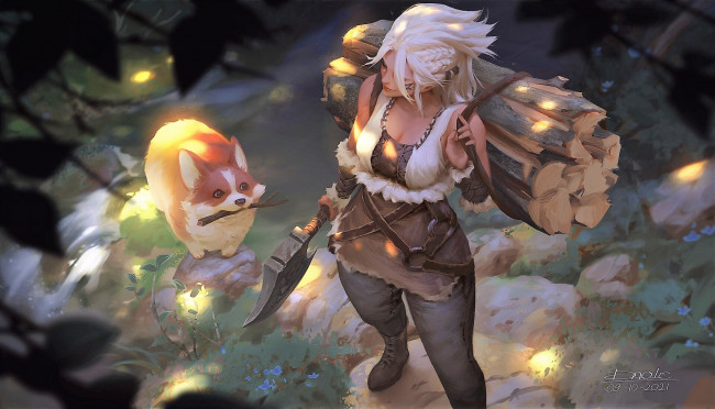 Обои картинки фото фэнтези, девушки, девушка, дрова, топор, собака