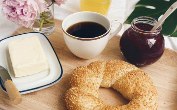 Картинка еда разное бейгл масло кофе джем завтрак