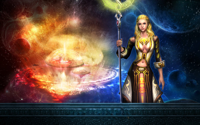 Обои картинки фото видео игры, mummy online, девушка, маг, посох, энергии, магия, космос