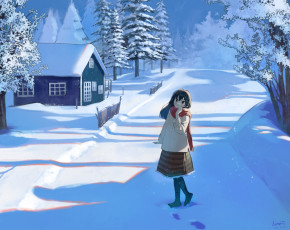 обоя аниме, зима,  новый год,  рождество, пейзаж
