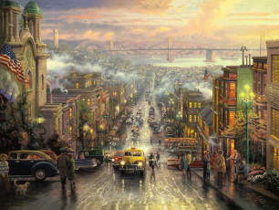 обоя рисованное, thomas kinkade, сан-франциско, город, улицы, люди, транспорт