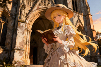 обоя аниме, unknown,  другое , девушка, шляпа, платье, книга, собор