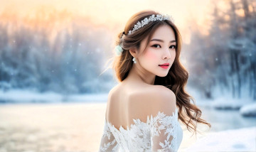 Картинка разное компьютерный+дизайн девушка азиатка диадема платье природа снег зима