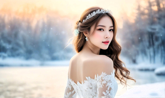 Обои картинки фото разное, компьютерный дизайн, девушка, азиатка, диадема, платье, природа, снег, зима