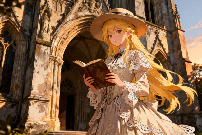 Обои картинки фото аниме, unknown,  другое , девушка, шляпа, платье, книга, собор