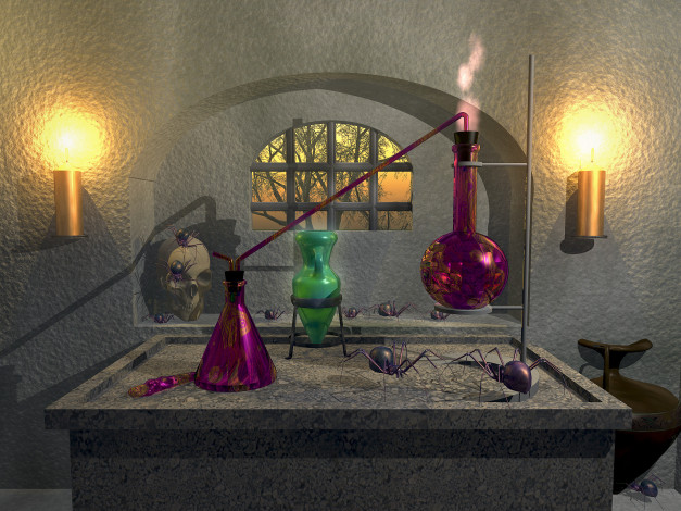 Обои картинки фото 3д, графика, fractal, фракталы, пауки, окно, колбы