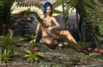 Картинка 3д+графика эльфы+ elves грибы лес шест фон взгляд эльфийка