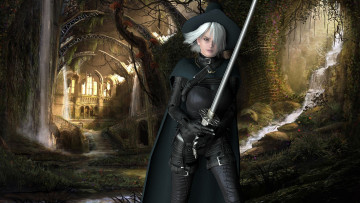 Картинка 3д+графика фантазия+ fantasy меч девушка шляпа блондинка фон взгляд