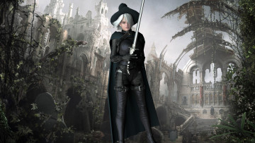 Картинка 3д+графика фантазия+ fantasy шляпа меч фон блондинка взгляд девушка