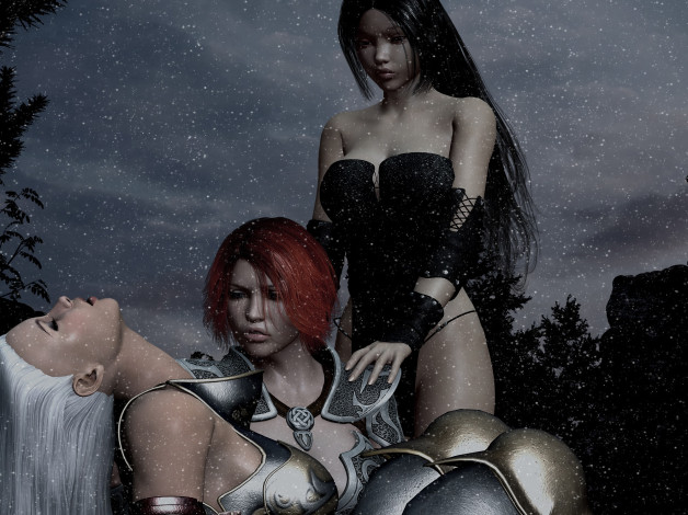 Обои картинки фото 3д графика, амазонки , amazon, снег, фон, девушки, взгляд