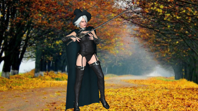 Обои картинки фото 3д графика, фантазия , fantasy, меч, шляпа, блондинка, фон, взгляд, девушка