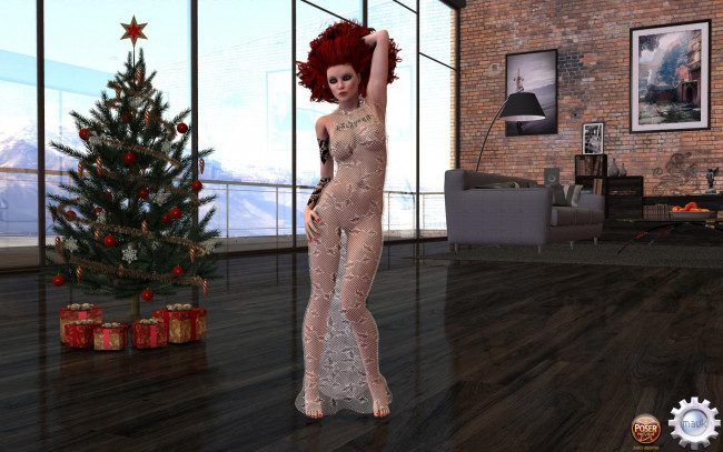 Обои картинки фото 3д графика, праздники , holidays, рыжая, елка, фон, взгляд, девушка, картины, комната