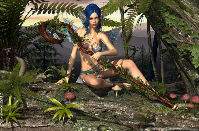 Обои картинки фото 3д графика, эльфы , elves, грибы, лес, шест, фон, взгляд, эльфийка